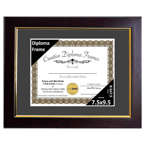 7.5x9.5 Mahogany Diploma Frame with Gold Rim Including Black Mat Glass Easel and Installed Wall Hangers | Frame Holds 10x12 Media without Mat