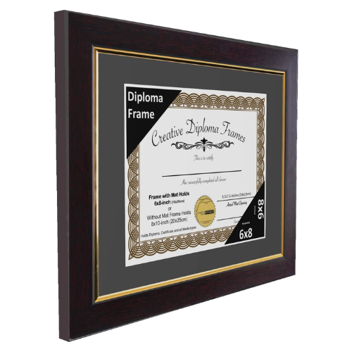 7.5x9.5 Mahogany Diploma Frame with Gold Rim Including Black Mat Glass Easel and Installed Wall Hangers | Frame Holds 10x12 Media without Mat