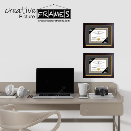 7.5x9.5 Mahogany Diploma Frame with Gold Rim Including Black Mat Glass Easel and Installed Wall Hangers | Frame Holds 10x12 Media without Mat