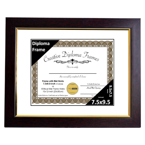 7.5x9.5 Mahogany Diploma Frame with Gold Rim Including Black Mat Glass Easel and Installed Wall Hangers | Frame Holds 10x12 Media without Mat