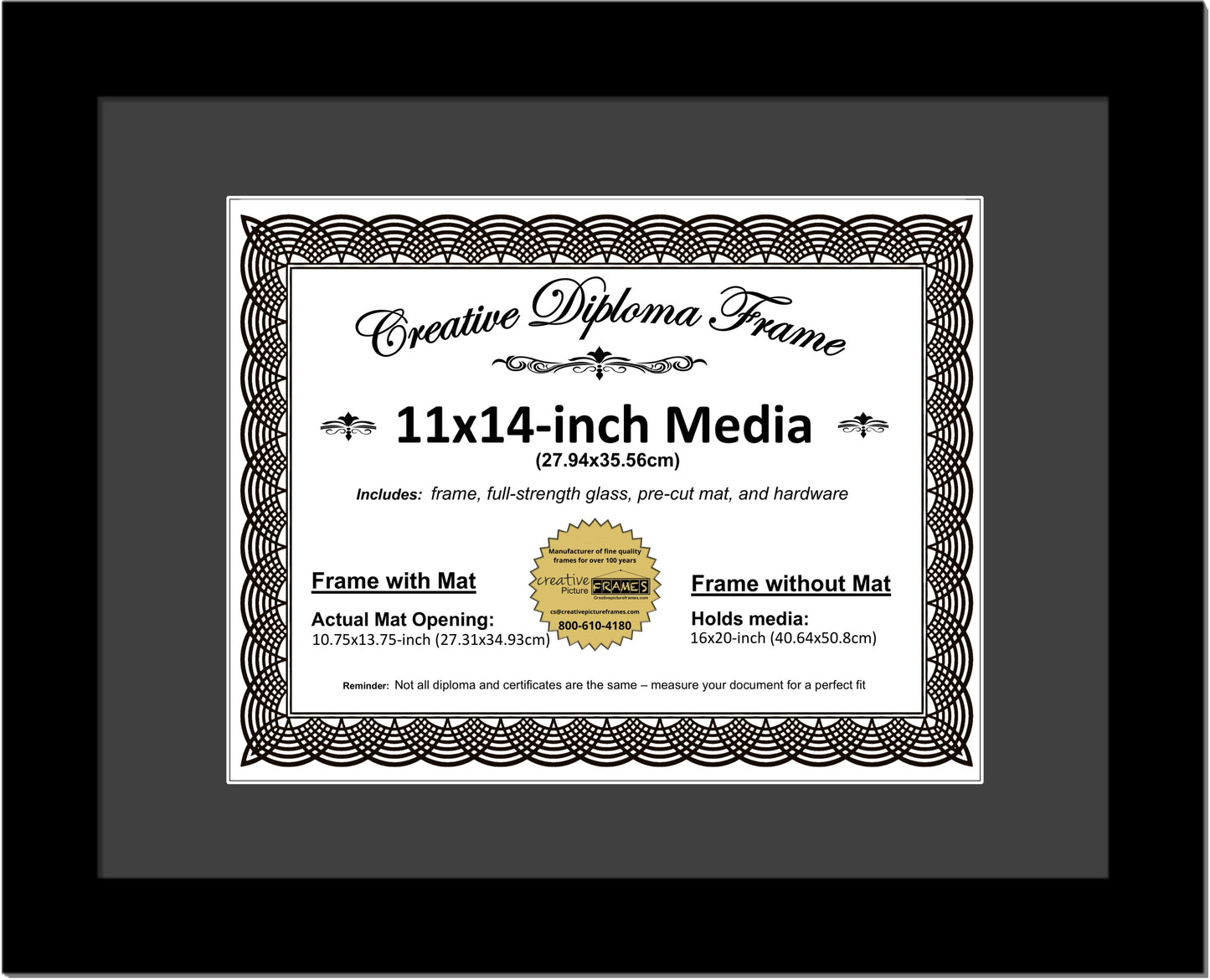 6x8 thru 16.5x20.5 Manhattan Black Diploma Frame with Mat