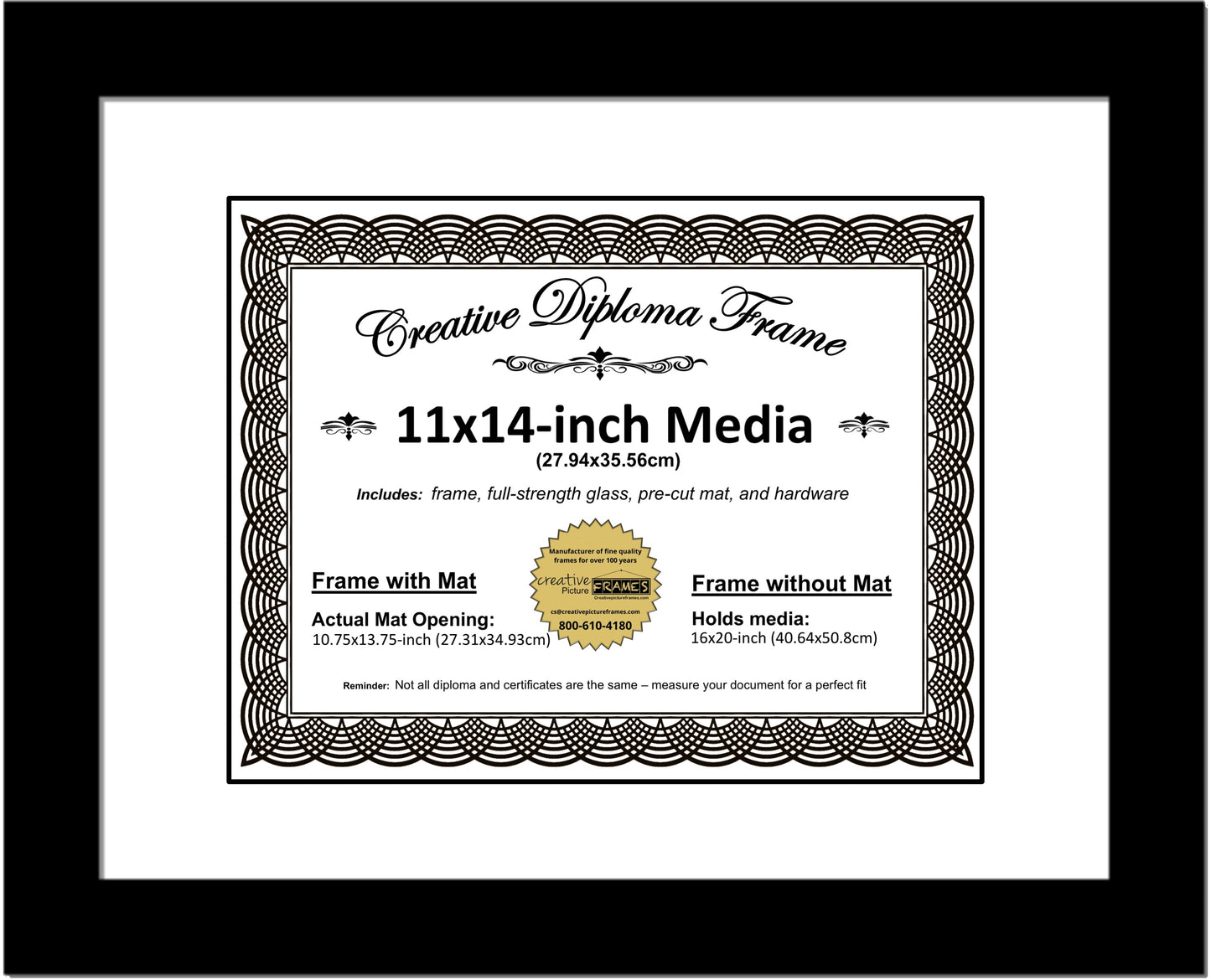 6x8 thru 16.5x20.5 Manhattan Black Diploma Frame with Mat