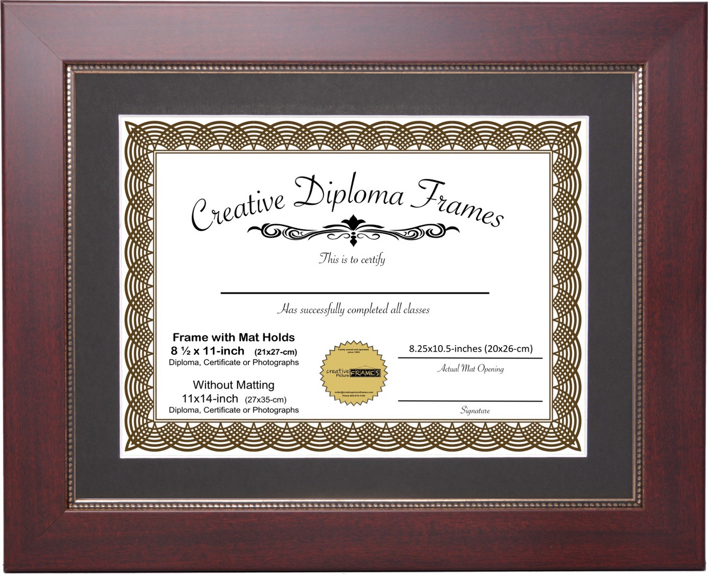 6x8 thru 16.5x20.5 Empire Mahogany Diploma Frame with Mat
