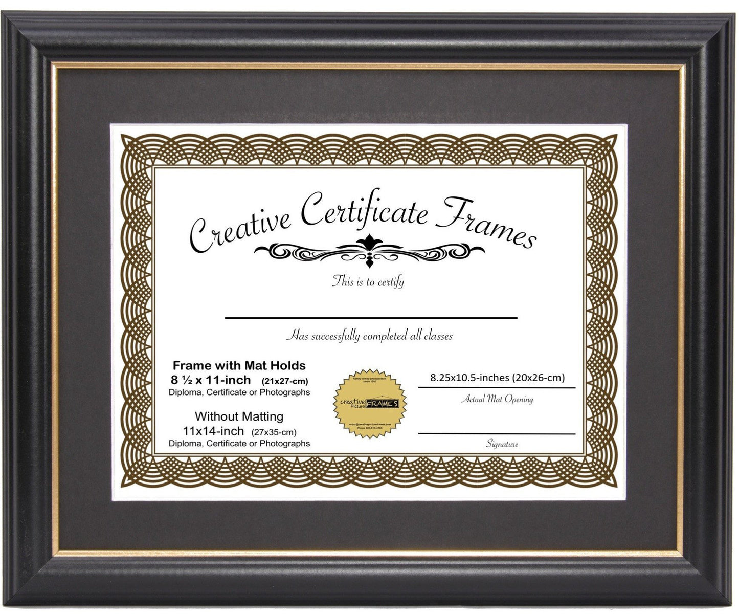 6x8 thru 16x20.5 Rockefeller Black with Gold Diploma Frame with Mat