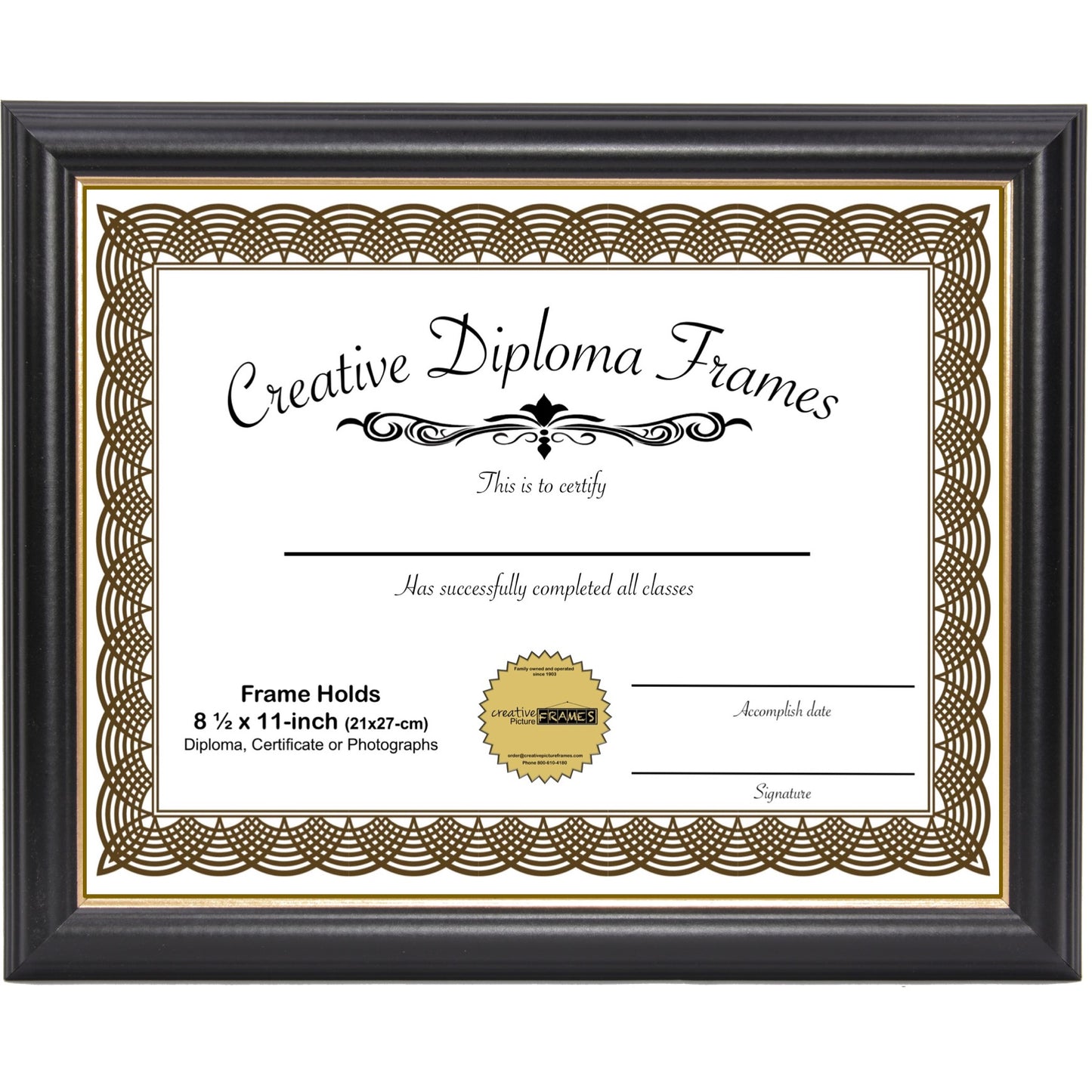 6x8 thru 16x20 Diploma Frame Rockefeller Black with Gold Diploma Frame (no Mat)