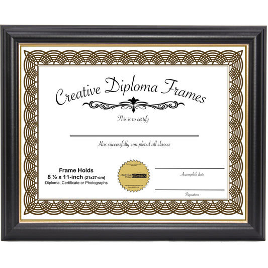 6x8 thru 16x20 Diploma Frame Rockefeller Black with Gold Diploma Frame (no Mat)