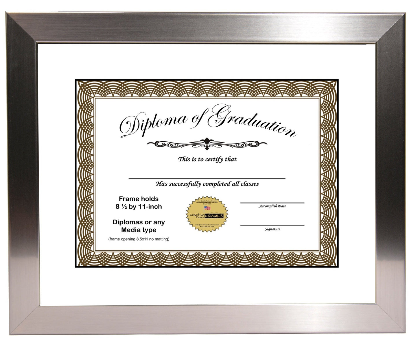 6x8 thru 16x20.5 Carnegie Stainless Steel Diploma Frame with Mat
