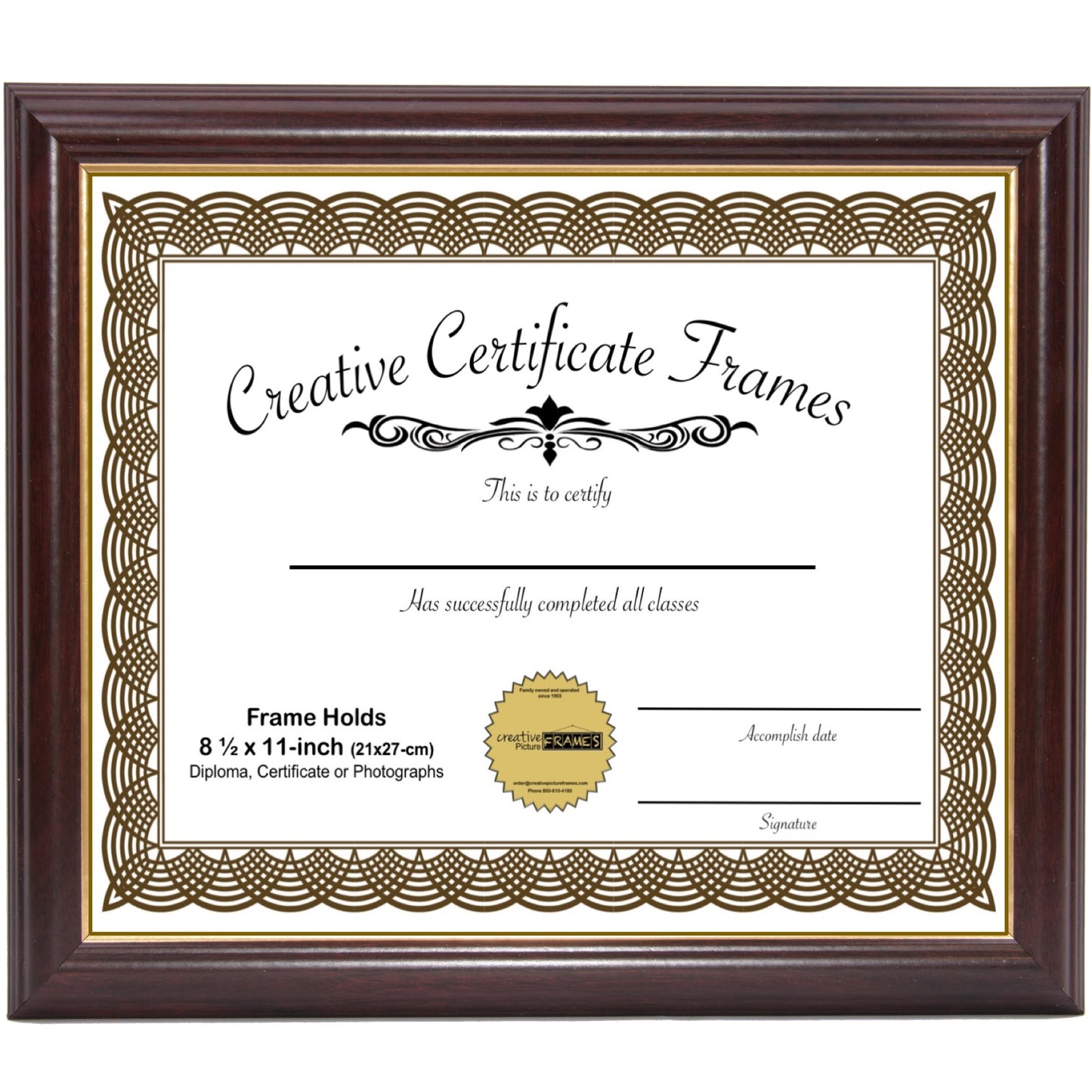 6x8 thru 11x14 Rockefeller Mahogany with Gold Diploma Frame (No Mat)