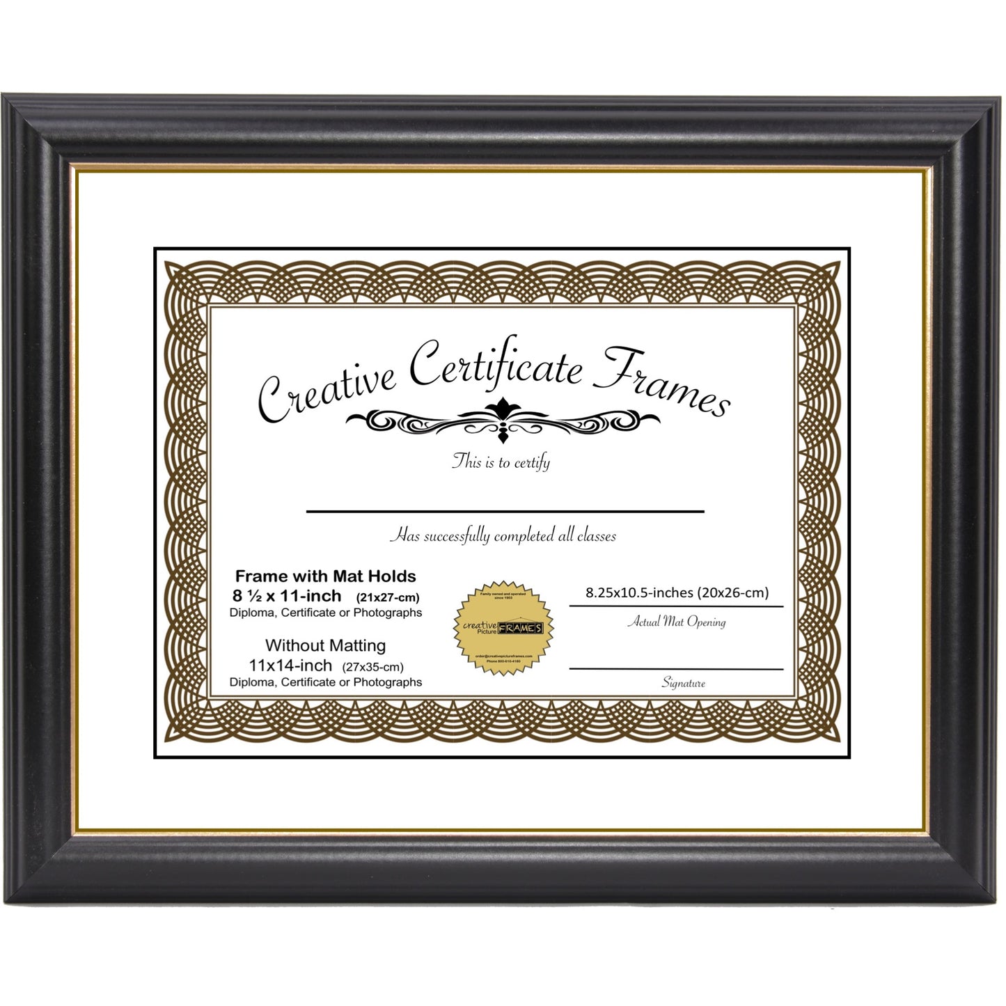 6x8 thru 16x20.5 Rockefeller Black with Gold Diploma Frame with Mat