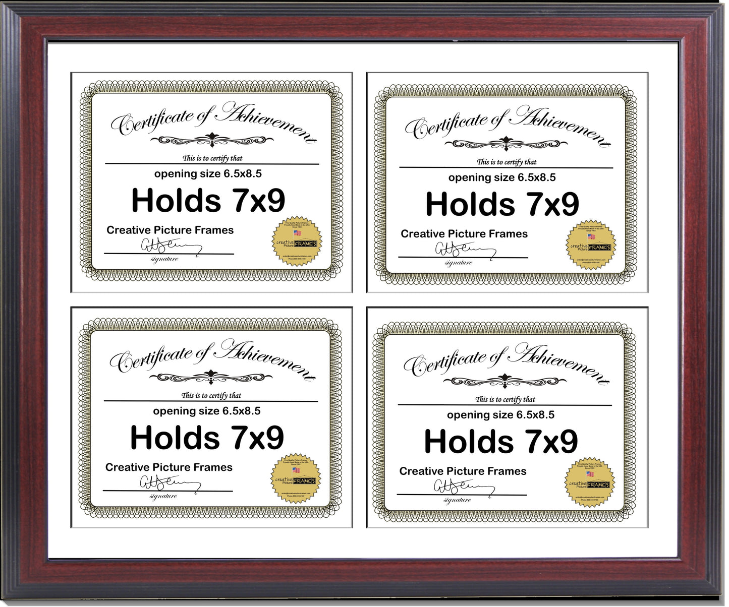 6x8 thru 11x14 Congress Mahogany Quadruple 4 Document Frame with Mat