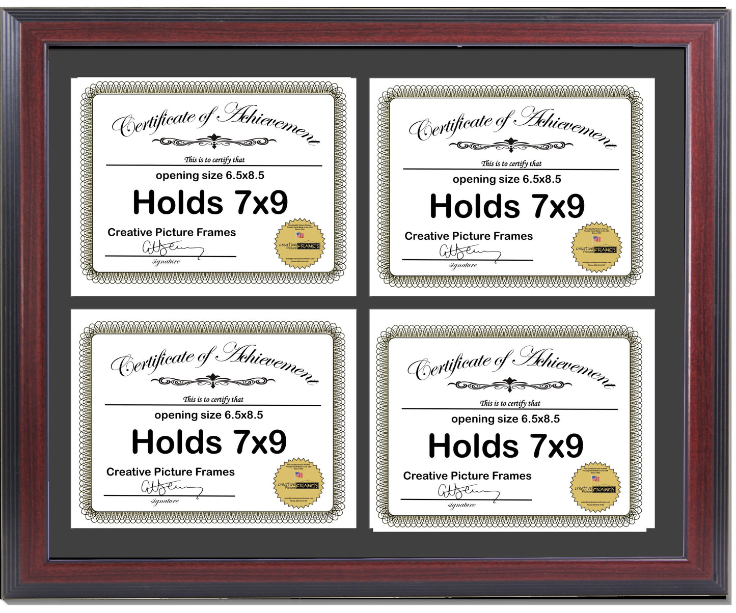 6x8 thru 11x14 Congress Mahogany Quadruple 4 Document Frame with Mat