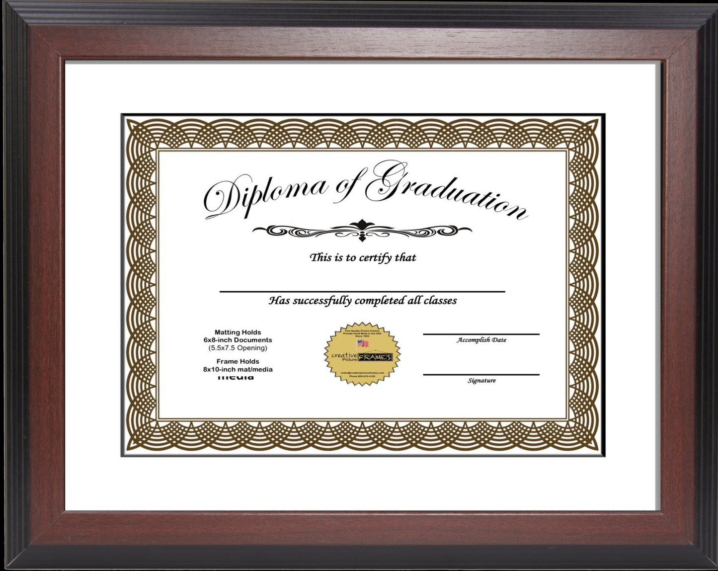 6x8 thru 16.5x20.5 Congress Mahogany Diploma Frame with Mat