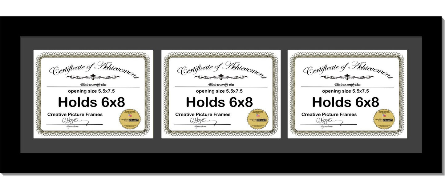 6x8 8.5x11 Manhattan Black Triple 3 Document Horizontal Frame with Mat