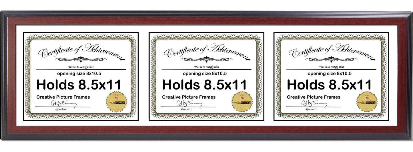 6x8 thru 8.5x11 Congress Mahogany Triple Diploma Frame Displays 3 Documents Horizontal with Mat