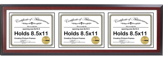 6x8 thru 8.5x11 Congress Mahogany Triple Diploma Frame Displays 3 Documents Horizontal with Mat