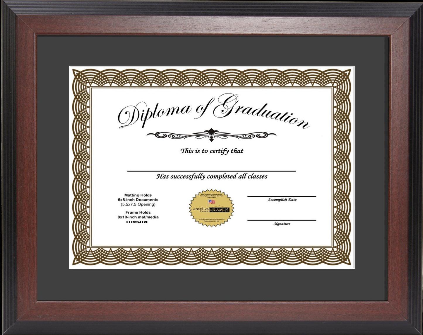6x8 thru 16.5x20.5 Congress Mahogany Diploma Frame with Mat