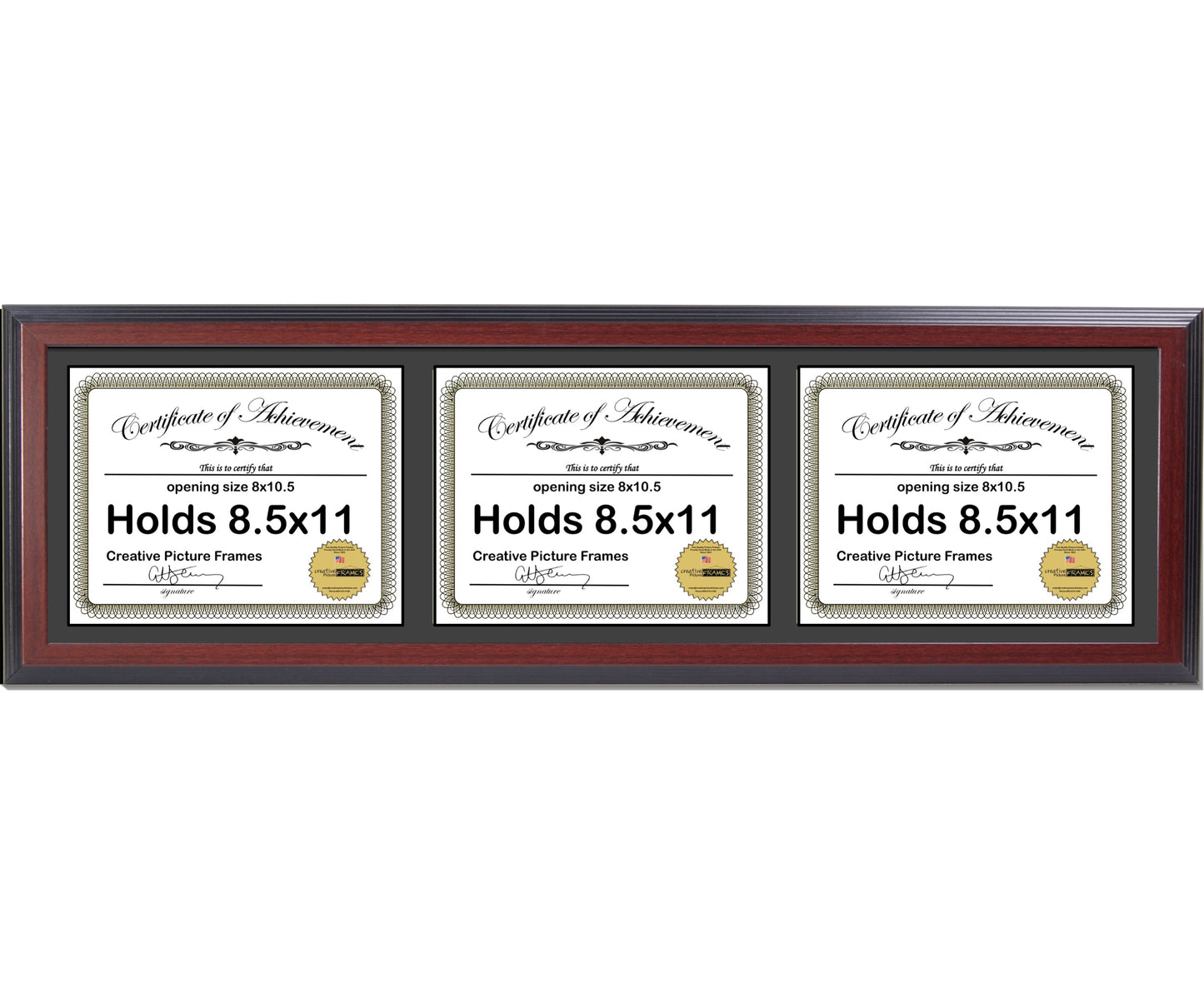6x8 thru 8.5x11 Congress Mahogany Triple Diploma Frame Displays 3 Documents Horizontal with Mat