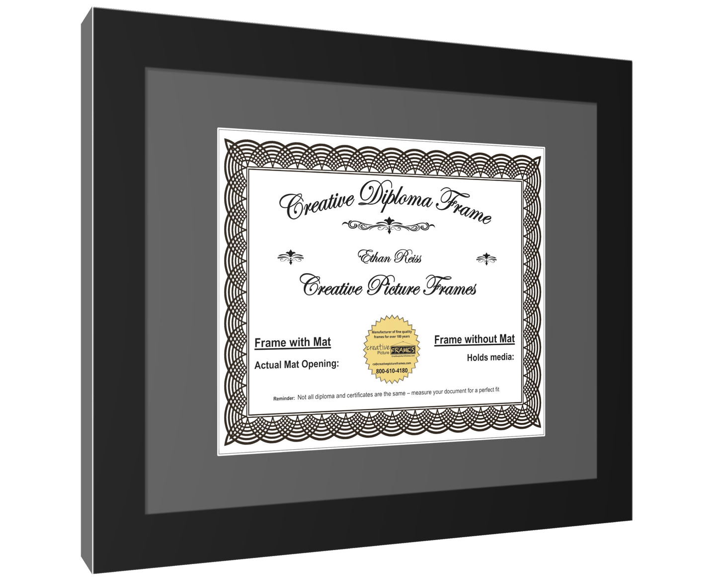 6x8 thru 16.5x20.5 Manhattan Black Diploma Frame with Mat