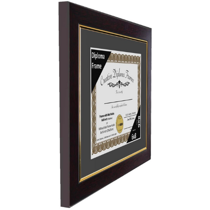 7.5x9.5 Mahogany Diploma Frame with Gold Rim Including Black Mat Glass Easel and Installed Wall Hangers | Frame Holds 10x12 Media without Mat