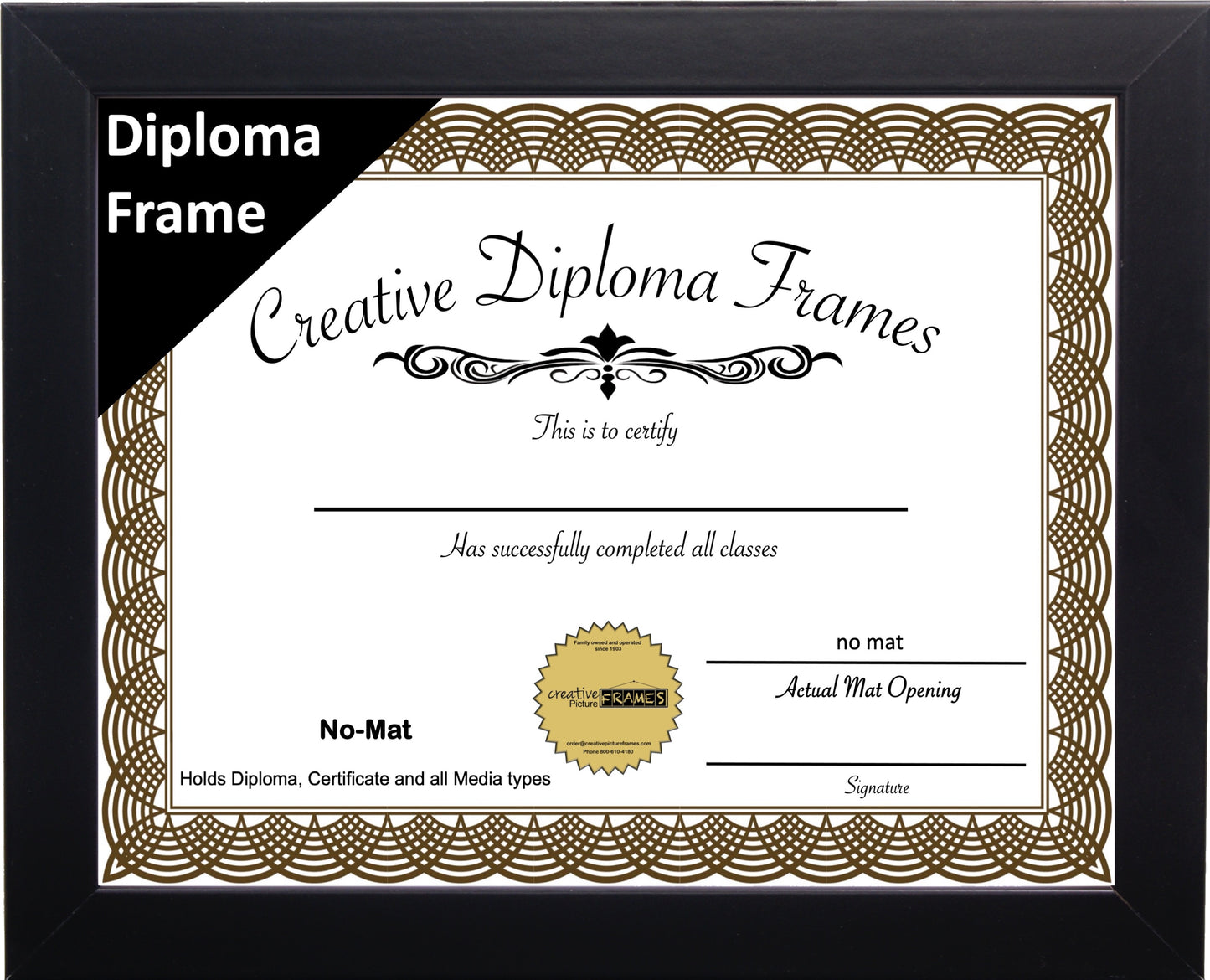 6x8 thru 16x20 Traditional Manhattan Black Diploma Frame (no Mat)