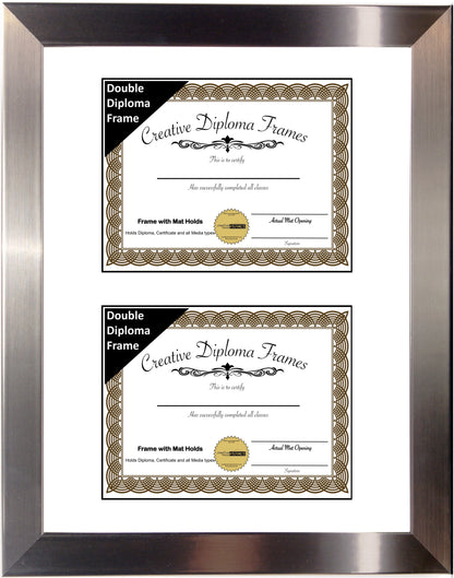 6x8 thru 16x20.5 Double Diploma Vertical Carnegie Stainless Steel Finish Frame with Mat